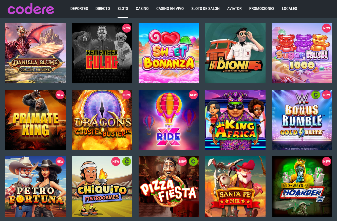 Colorful slot games displayed on Codere Casino website
