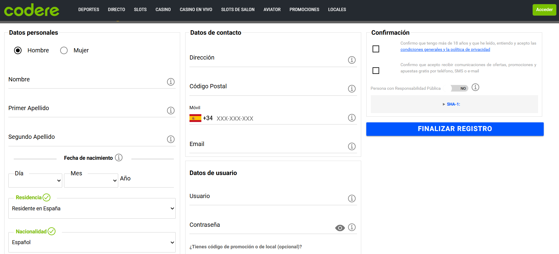 Codere Casino user registration form interface