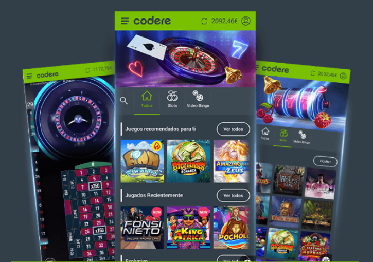Screens from the Codere Casino mobile app displaying slots and recommended games