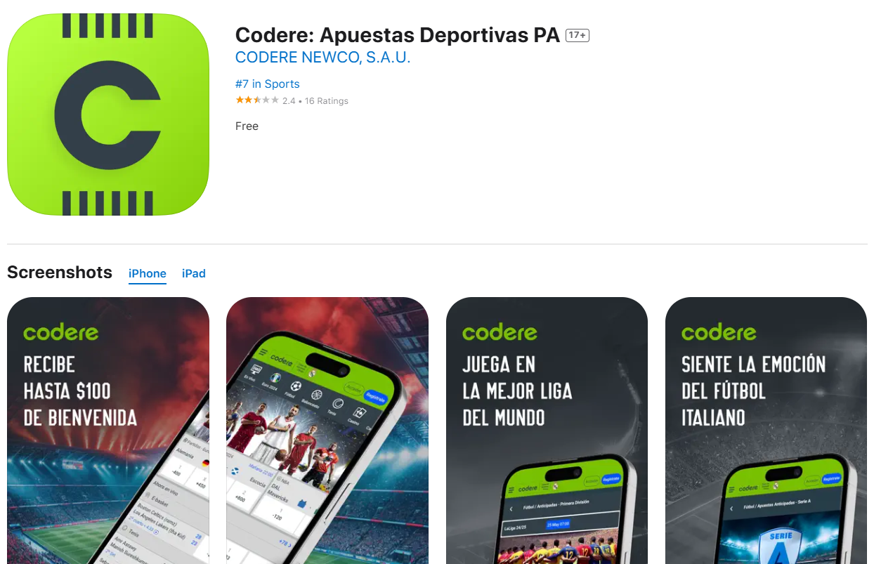 Codere app listing on the Apple App Store with user ratings and screenshots